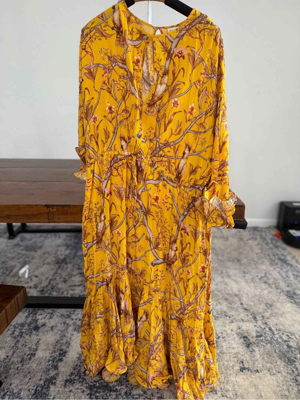 Johanna Ortiz x H&M Yellow Bird Botanical Print Ruffle Midi Dress XL - Picture 6 of 8